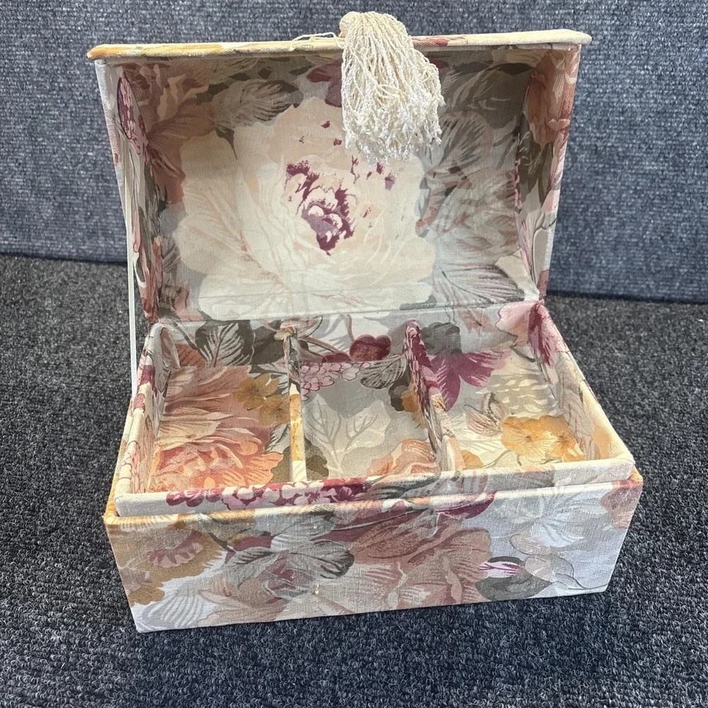 Vtg~Rounded~Floral Fabric Covered Jewelery Box with a Tassle Handle~90s/Retro